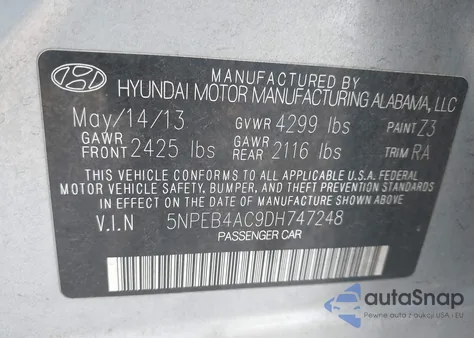 2013 Hyundai Sonata Gls z USA, uszkodzony, nr VIN 5NPEB4AC9DH747248
